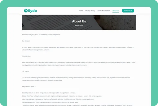 Rydo Business Website About Us Page Design