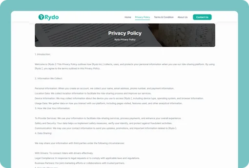 Rydo Business Website Privacy Policy Page Design