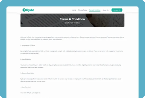 Rydo Business Website Terms & Conditions Page Design